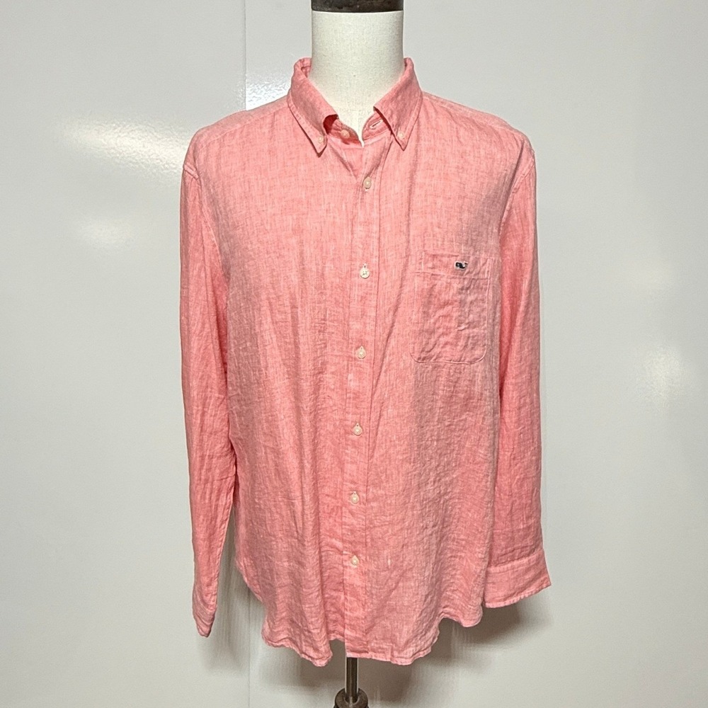 Vineyard Vines Shirt Mens XL Pink Linen Button Down Long Sleeve‎ Whale Pocket - Picture 2 of 9